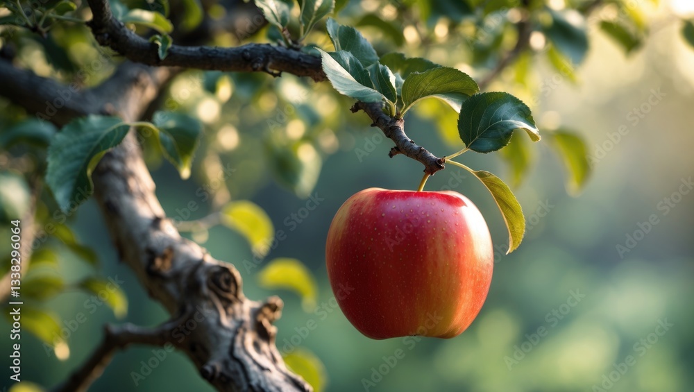 Leinwandbilder close-up of a ripe red apple hanging on a branch of an apple tree.