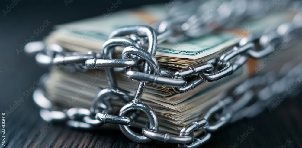 Aufkleber A stack of cash is secured with a heavy metal chain and lock, representing banking privacy and protection. The setting emphasizes the importance of securing monetary assets from theft.