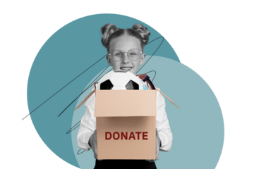 Collage creative poster image black white effect cute smile cheerful young girl hold box donate help hobby sketch turquoise background