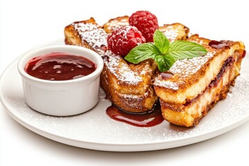 French toast garnished with raspberries mint leaf powder sugar and jam perfect for breakfast or dessert delight