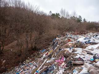 A forested area adjacent to a massive landfill, with waste including plastic, textiles, and debris scattered across the landscape, highlighting environmental degradation.