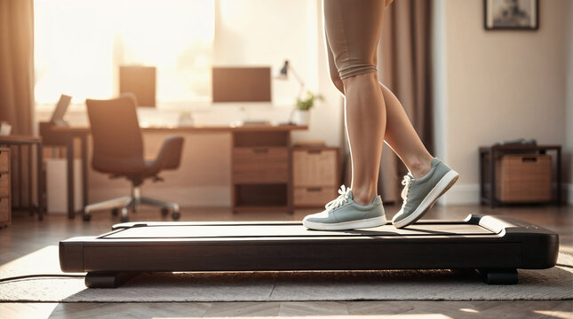 Woman exercising on a walking pad at home. Female person walks on a compact treadmill in a sunny living room