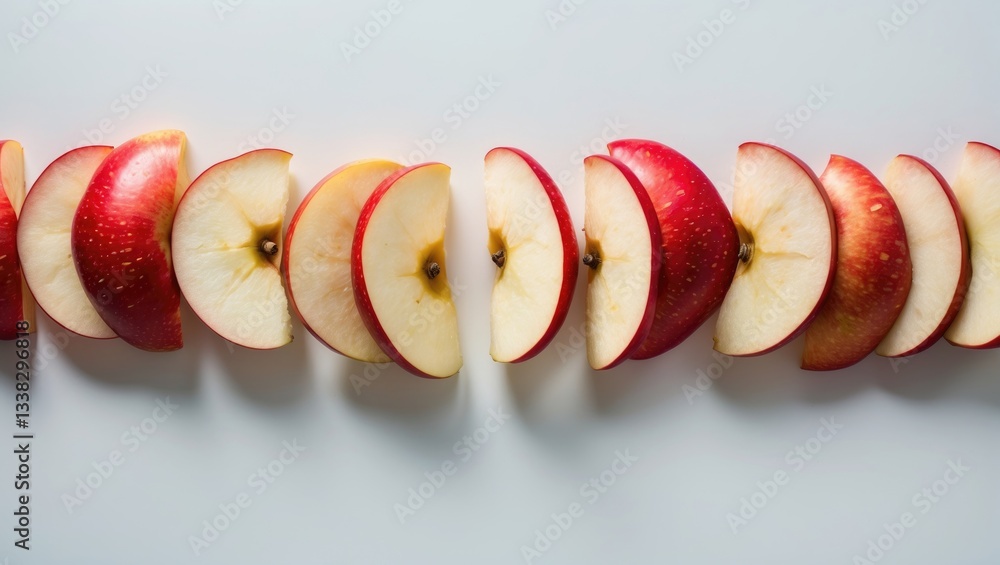 Poster red apple wedges floating in the air against a white backdrop.