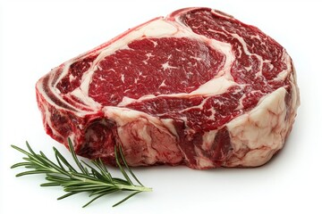 Obraz premium Fresh raw ribeye steak with sprig of rosemary on white background creating anticipation of delicious food