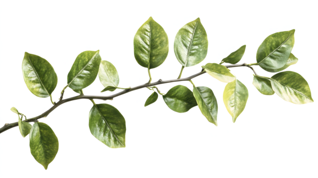 A leafy branch with green leaves. The branch is long and thin