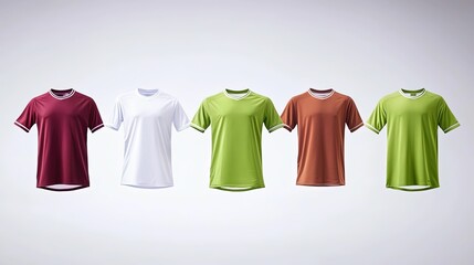 Five blank t-shirts in various colors