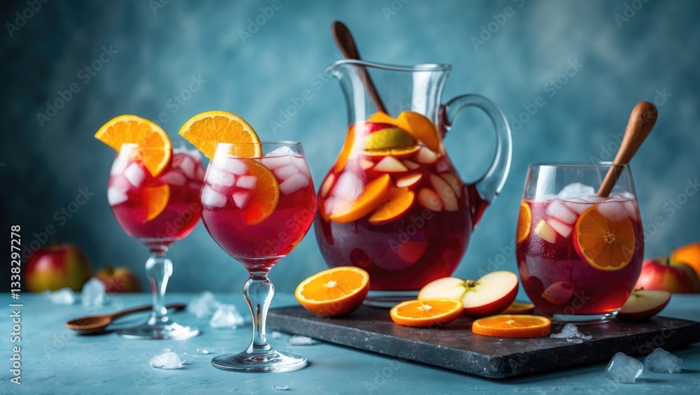 Poster front view of a freshly prepared attractive red sangria served in a glass pitcher, adorned with appl
