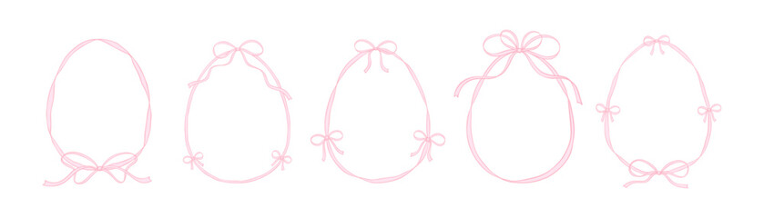 Set of cute filigree bow ribbon whimsical wavy borders. Easter egg pink hand drawn border collection. Coquette style doodle drawing. Vintage victorian aesthetic design element. Trendy concept