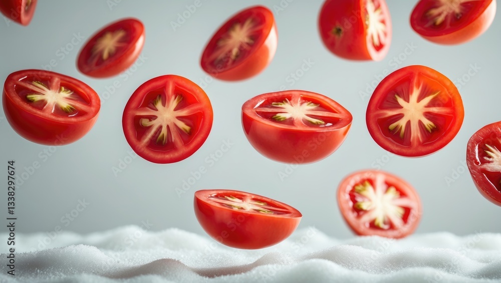 Poster red tomato slices hovering in the air, isolated against a white background.