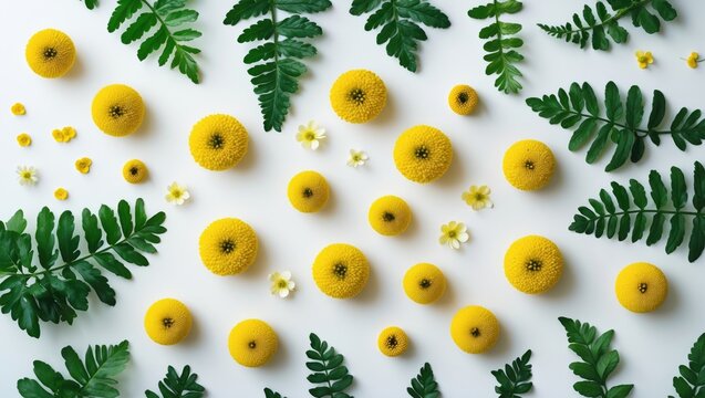 Top view of Tansy - a medicinal herb flower. Collection of flowers and leaves of common tansy displayed on a white background. Isolated plant parts of a medicinal herb.