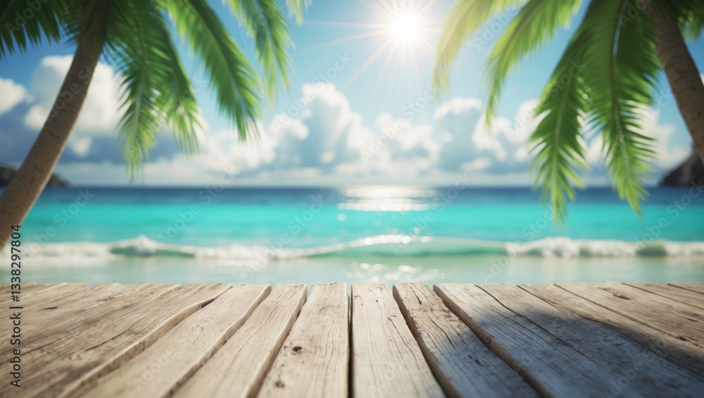 Poster blurred tropical beach scene featuring bokeh sunlight reflecting on waves and palm trees over an emp