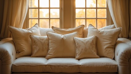 Fototapeta premium In the comfortable living room, a chic couch adorned with soft pillows is positioned near a large window, permitting ample natural light, which fosters a cozy ambiance ideal for unwinding after a t...