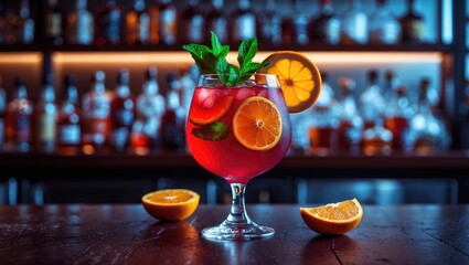 Tasty sangria cocktail on table. Area for text