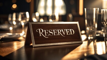 Reserved sign sits on a wooden table in a luxury restaurant, up close. Concept of a private party and exclusive service.