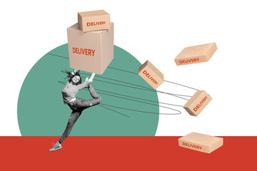 Photo collage picture young dancing cheerful ballerina girl carry delivery packages carton boxes...