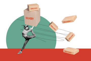 Photo collage picture young dancing cheerful ballerina girl carry delivery packages carton boxes load service shipment relocation