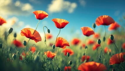 Fototapeta premium Red poppy flowers blooming in a meadow. Poppies field.