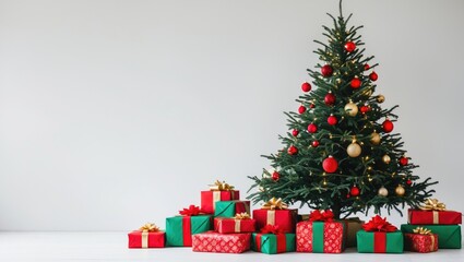 Decorated Christmas tree with gifts set against a white background.