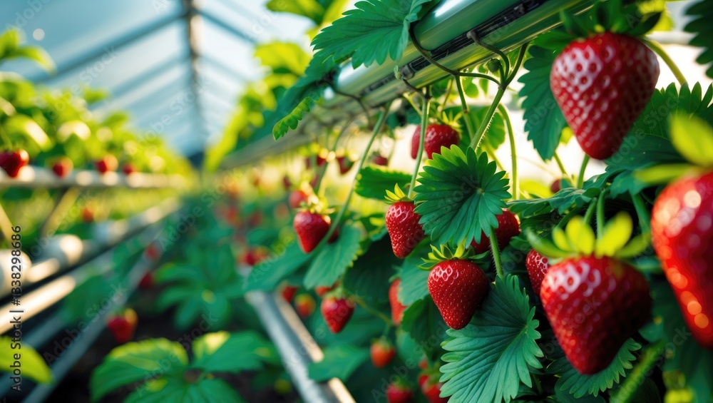 Aufkleber strawberry plants. ripe red strawberries on the branches. eco-friendly farm. selective focus. strawb