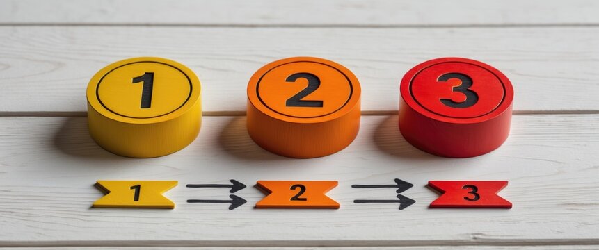 Three cylinder-shaped wooden objects on a light wood background illustrating the sequence of numbers one, two, and three divided by arrows.