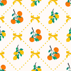 Obraz premium Summer tropical diamond seamless pattern with oranges, Lemon with bows illustration. Vector citrus fruits background. Modern coquette fruit pattern for fabric, wallpaper and stationery designs. 