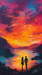 Obraz premium A couple stands in silhouette with hands joined beneath a vibrant sunset sky. Vertical.