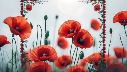 Red poppies on a white backdrop. Floral border design for a page corner. Close-up of the flowers featuring focus and blur effects.