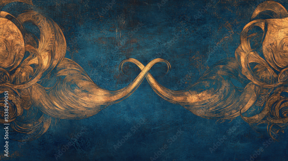 Poster golden swirling patterns on textured blue background create elegant and artistic design. intricate c