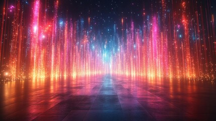 Vibrant Neon Light Columns in a Futuristic Cityscape. Generative AI