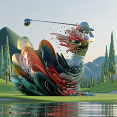 A 3D render of an abstract golf swing, featuring swirling colors, with a serene landscape of mountains, trees, and water in high resolution.