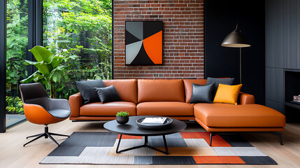 Industrial-style living room with exposed brick cozy atmosphere modern furniture indoor greenery wide angle contemporary design inspiration