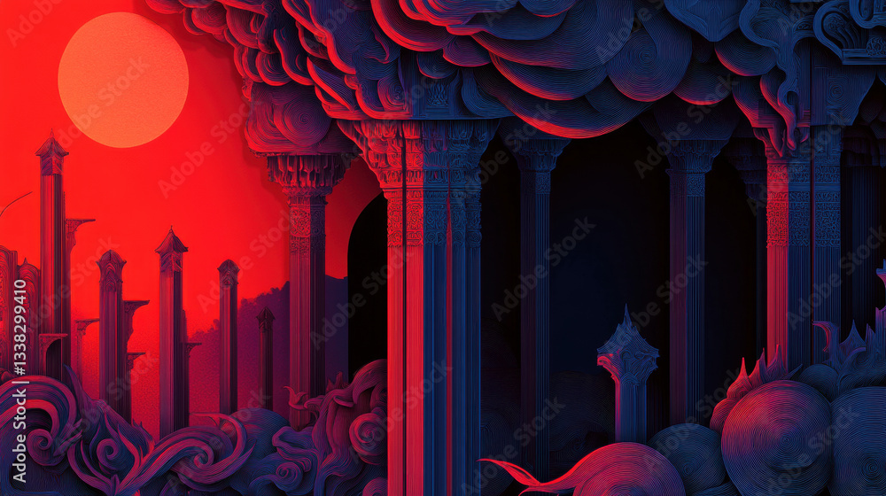 Poster surreal landscape with intricate architectural columns and swirling clouds is bathed in vibrant red 