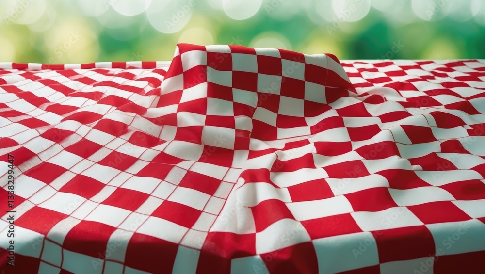 Poster Red checkered tablecloth pattern viewed from above with an abstract green bokeh background.