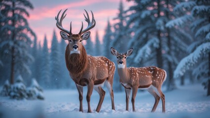 Family of majestic deer in a snowy winter forest. Christmas fantasy scene in blue and white hues. Pink clouds. Snowfall. Winter wonderland.