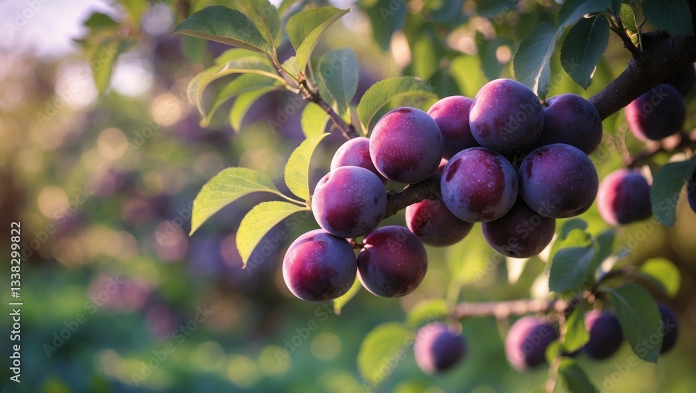 Aufkleber ripe plums on a tree in a garden. organic plums hanging from a branch in an orchard.