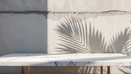 Marble table casting shadow on textured concrete wall background, ideal for product presentation backdrop, display, and mock-up.