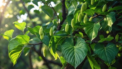 Heartleaf hornbeam or bigleaf hornbeam tree featuring large, heart-shaped leaves with numerous parallel lateral veins and distinctive, hop-like fruiting catkins.