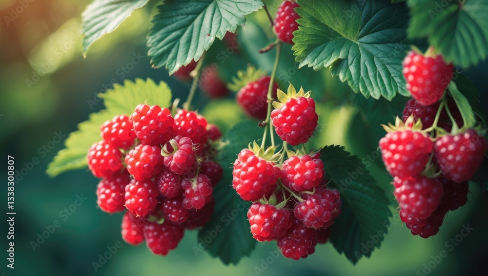 Aufkleber red raspberries and green leaves in the summer garden, close-up. sweet red berries developing on a r