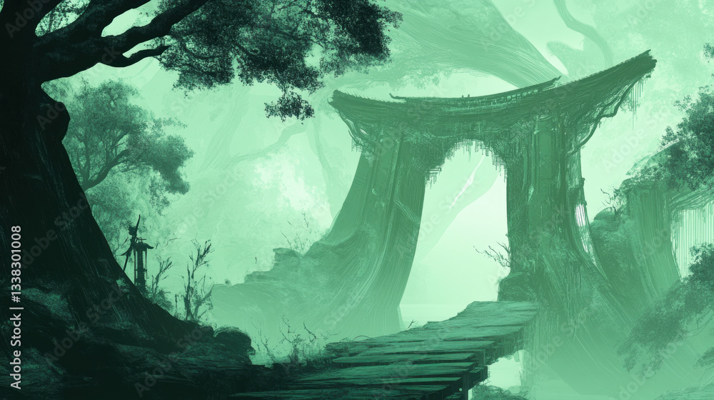 Aufkleber mystical forest scene with serene atmosphere features large, ancient archway surrounded by lush tree