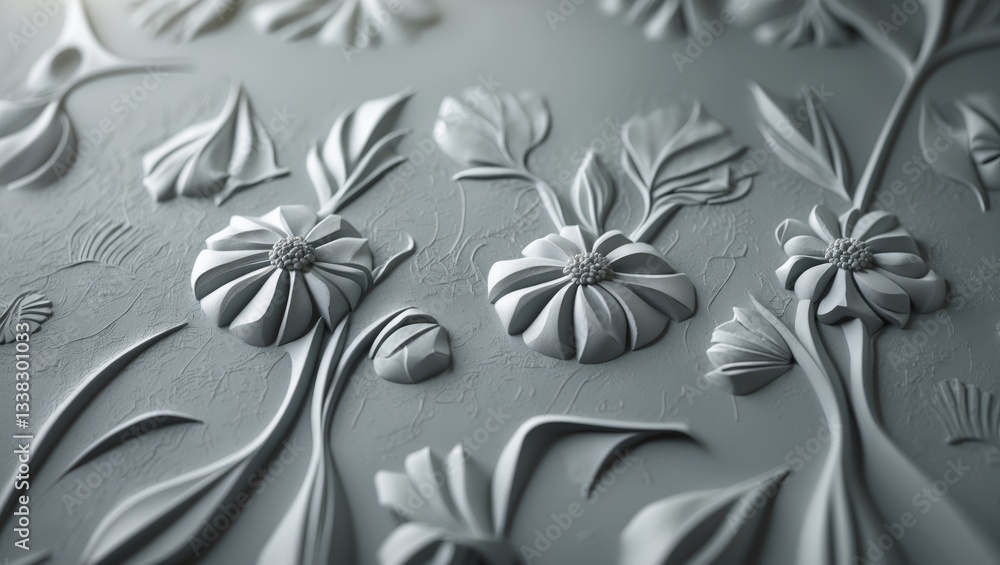 Poster Close-up of a grey textured surface featuring an embossed pattern. The design includes repeating floral motifs arranged in a specific formation. The texture appears slightly grainy.