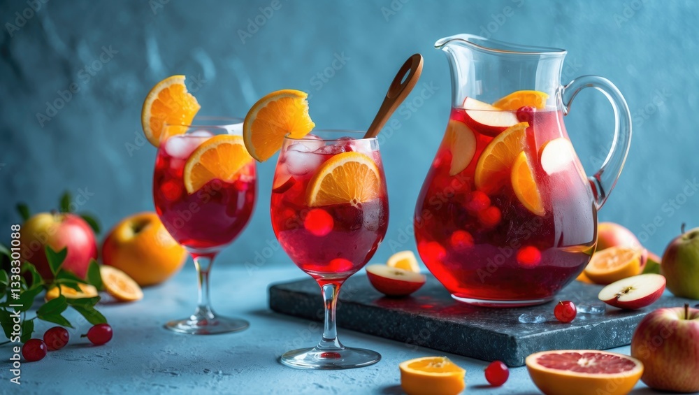 Poster freshly prepared beautiful red sangria presented in a glass pitcher, adorned with apples and oranges