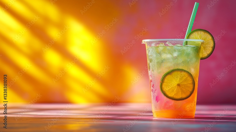Aufkleber a colorful drink is served in a clear cup filled with ice cubes and garnished with lime slices. warm