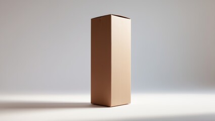 Tall brown cardboard box without labels isolated on a white backdrop. Mockup collection for packaging templates. Half side view of stand-up package.