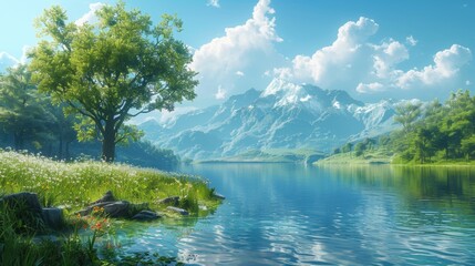 A beautiful mountain landscape with a large tree in the foreground