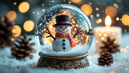 Christmas background. Atmospheric image of a glass snow globe containing snow and a snowman. Crystal sphere - a present for children. Winter holiday fun concept. Cozy lights.