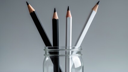 Black and white pencils in a glass container symbolize friendship and respect. Different yet united. Against racism theme.