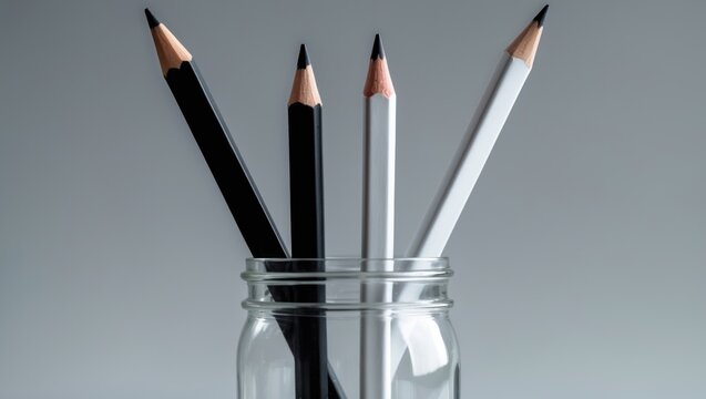Black and white pencils in a glass container symbolize friendship and respect. Different yet united. Against racism theme.