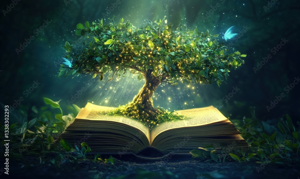 Poster magical tree growing from open book with glowing leaves and butterflies in enchanted forest