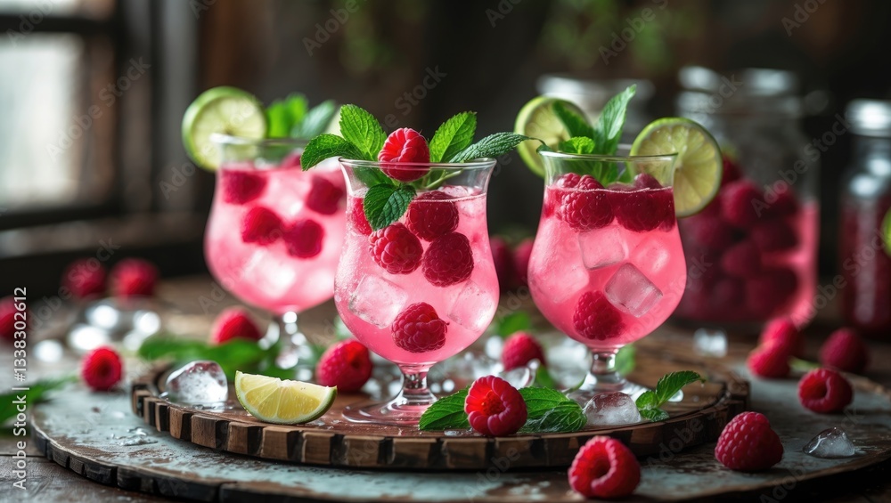 Poster raspberry lemonade served in a glass with mint.