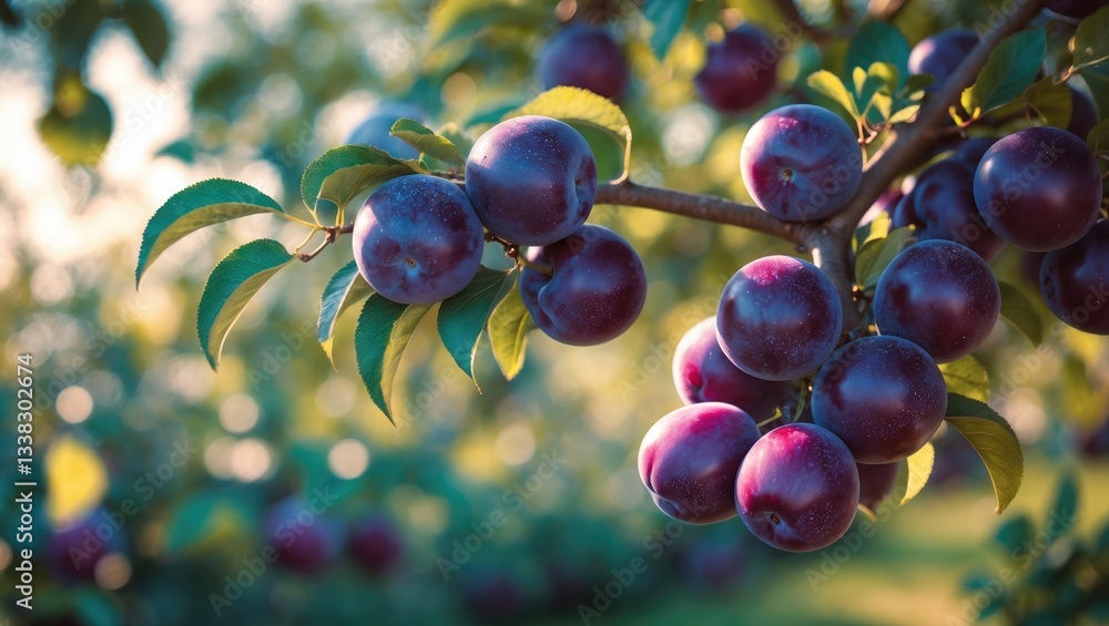 Poster ripe plums on a tree in a garden. organic plums dangling from a branch in an orchard.